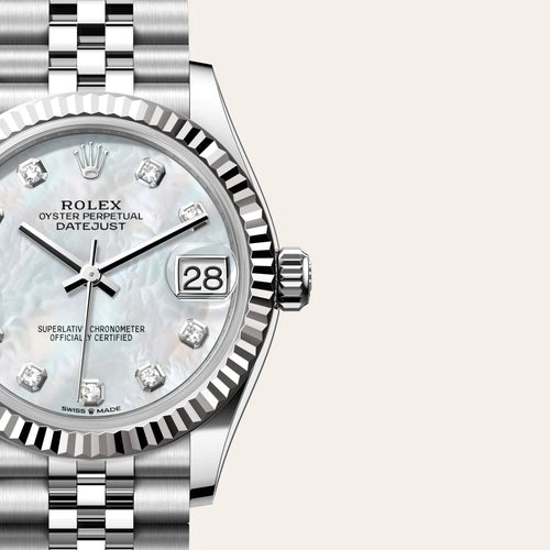 Rolex Datejust 31 in White Rolesor - combination of Oystersteel and white gold with a White mother-of-pearl set with diamonds dial, Fluted bezel, Jubilee, five-piece links bracelet