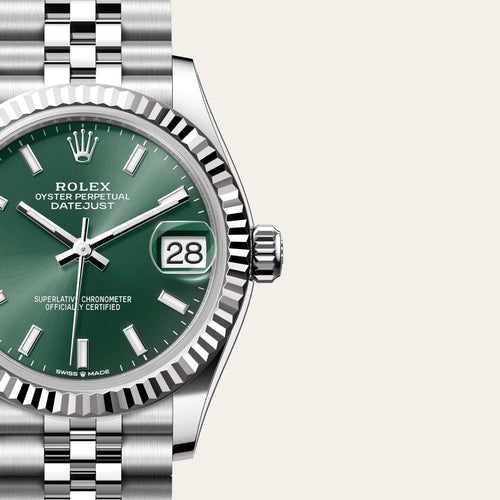 Rolex Datejust 31 in White Rolesor - combination of Oystersteel and white gold with a Mint green dial, Fluted bezel, Jubilee, five-piece links bracelet