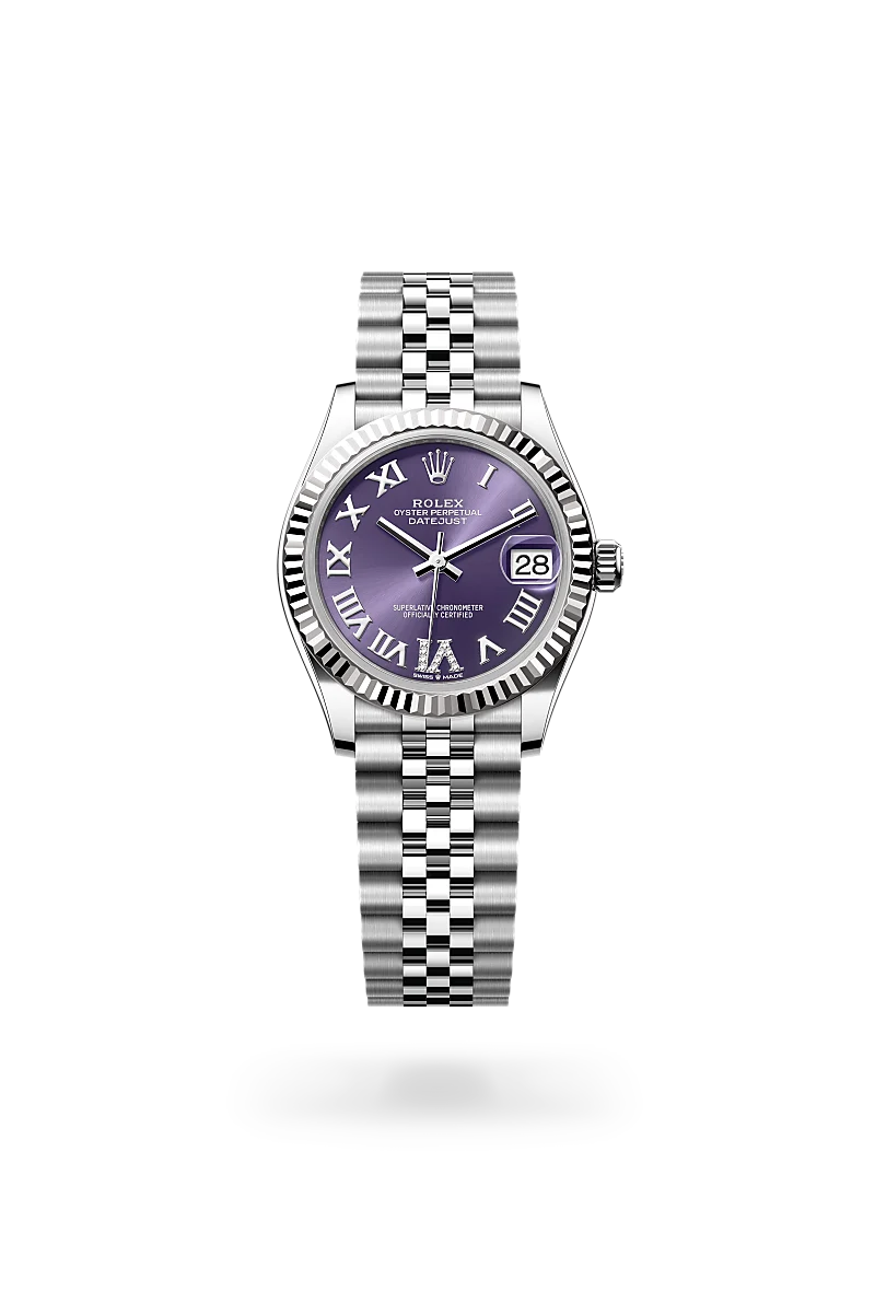 Rolex Datejust 31 in White Rolesor - combination of Oystersteel and white gold with a Aubergine set with diamonds dial, Fluted bezel, Jubilee, five-piece links bracelet