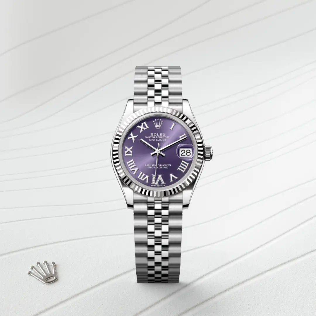 Rolex Datejust 31 in White Rolesor - combination of Oystersteel and white gold with a Aubergine set with diamonds dial, Fluted bezel, Jubilee, five-piece links bracelet