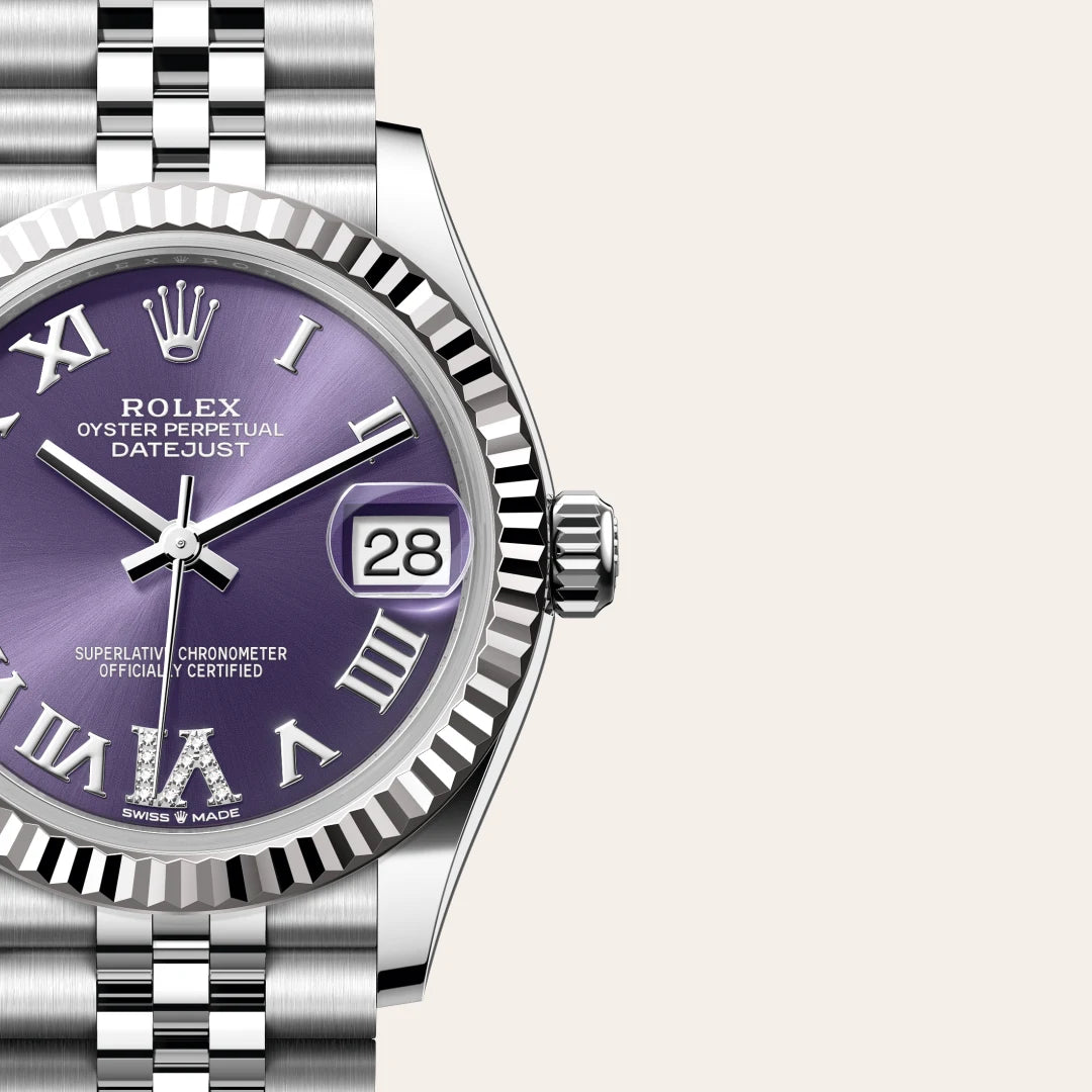 Rolex Datejust 31 in White Rolesor - combination of Oystersteel and white gold with a Aubergine set with diamonds dial, Fluted bezel, Jubilee, five-piece links bracelet