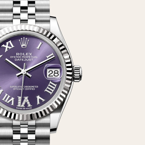 Rolex Datejust 31 in White Rolesor - combination of Oystersteel and white gold with a Aubergine set with diamonds dial, Fluted bezel, Jubilee, five-piece links bracelet
