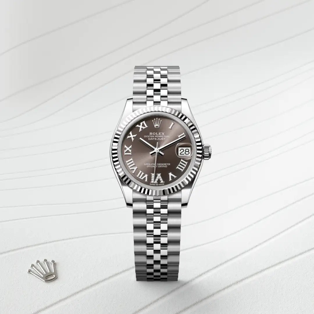 Rolex Datejust 31 in White Rolesor - combination of Oystersteel and white gold with a Dark grey set with diamonds dial, Fluted bezel, Jubilee, five-piece links bracelet