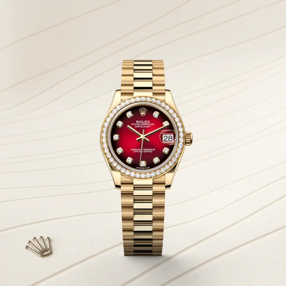Rolex Datejust 31 in 18 ct yellow gold with a Red ombré set with diamonds dial, Diamond-set bezel, President, semi-circular three-piece links bracelet