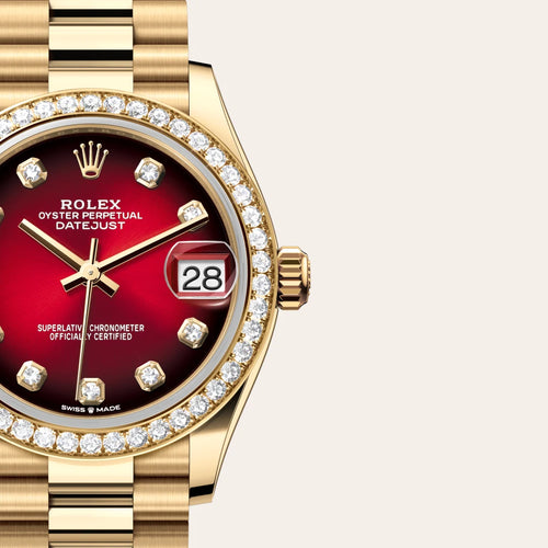 Rolex Datejust 31 in 18 ct yellow gold with a Red ombré set with diamonds dial, Diamond-set bezel, President, semi-circular three-piece links bracelet