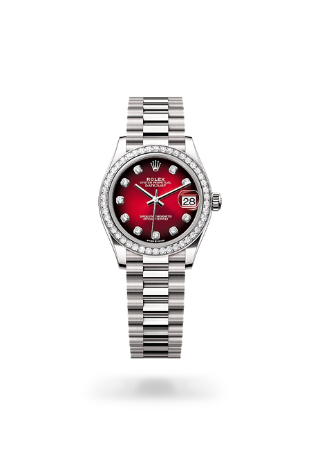 Rolex Datejust 31 in 18 ct white gold with a Red ombré set with diamonds dial, Diamond-set bezel, President, semi-circular three-piece links bracelet