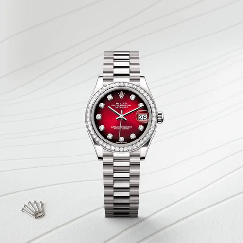 Rolex Datejust 31 in 18 ct white gold with a Red ombré set with diamonds dial, Diamond-set bezel, President, semi-circular three-piece links bracelet
