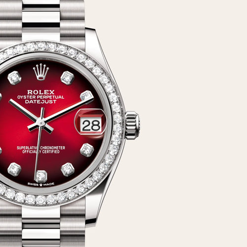 Rolex Datejust 31 in 18 ct white gold with a Red ombré set with diamonds dial, Diamond-set bezel, President, semi-circular three-piece links bracelet