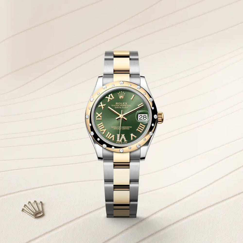 Rolex Datejust 31 in Yellow Rolesor - combination of Oystersteel and yellow gold with a Olive green set with diamonds dial, Domed, set with diamonds bezel, Oyster, three-piece solid links bracelet