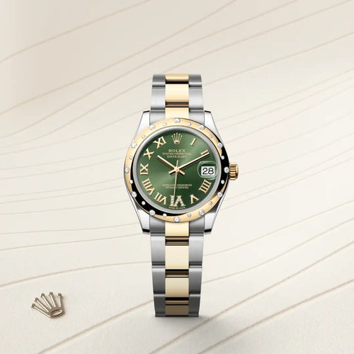 Rolex Datejust 31 in Yellow Rolesor - combination of Oystersteel and yellow gold with a Olive green set with diamonds dial, Domed, set with diamonds bezel, Oyster, three-piece solid links bracelet