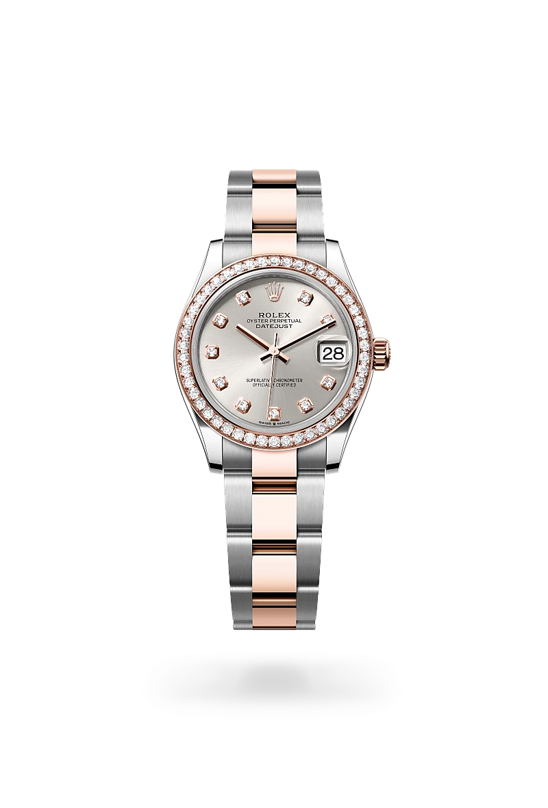Rolex Datejust 31 in Everose Rolesor - combination of Oystersteel and Everose gold with a Silver set with diamonds dial, Diamond-set bezel, Oyster, three-piece solid links bracelet