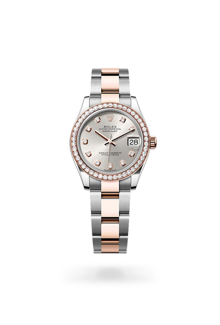 Rolex Datejust 31 in Everose Rolesor - combination of Oystersteel and Everose gold with a Silver set with diamonds dial, Diamond-set bezel, Oyster, three-piece solid links bracelet