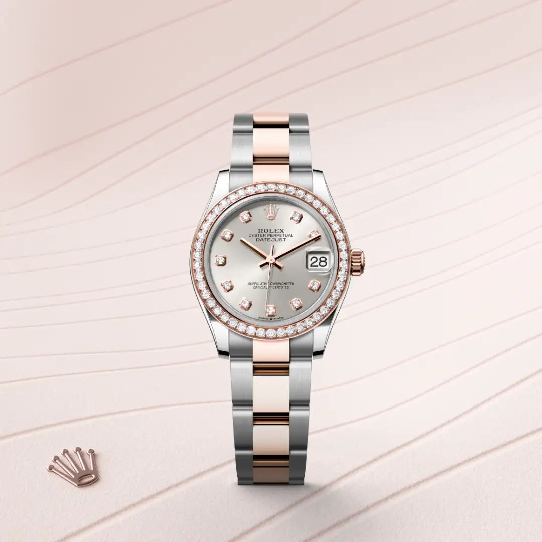 Rolex Datejust 31 in Everose Rolesor - combination of Oystersteel and Everose gold with a Silver set with diamonds dial, Diamond-set bezel, Oyster, three-piece solid links bracelet