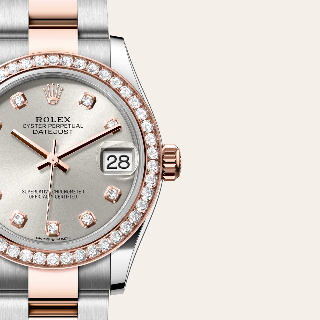 Rolex Datejust 31 in Everose Rolesor - combination of Oystersteel and Everose gold with a Silver set with diamonds dial, Diamond-set bezel, Oyster, three-piece solid links bracelet