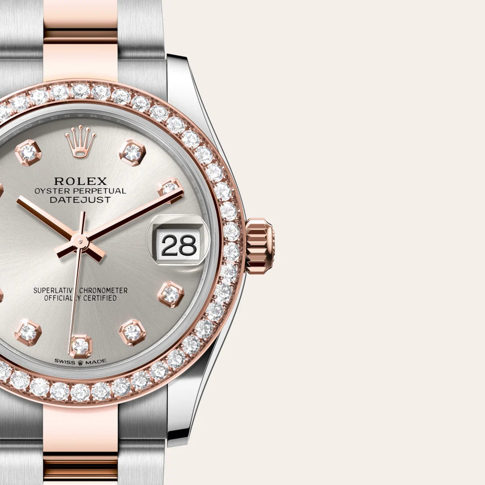 Rolex Datejust 31 in Everose Rolesor - combination of Oystersteel and Everose gold with a Silver set with diamonds dial, Diamond-set bezel, Oyster, three-piece solid links bracelet