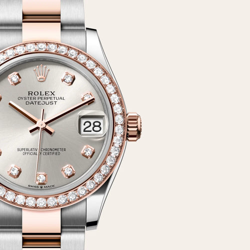 Rolex Datejust 31 in Everose Rolesor - combination of Oystersteel and Everose gold with a Silver set with diamonds dial, Diamond-set bezel, Oyster, three-piece solid links bracelet