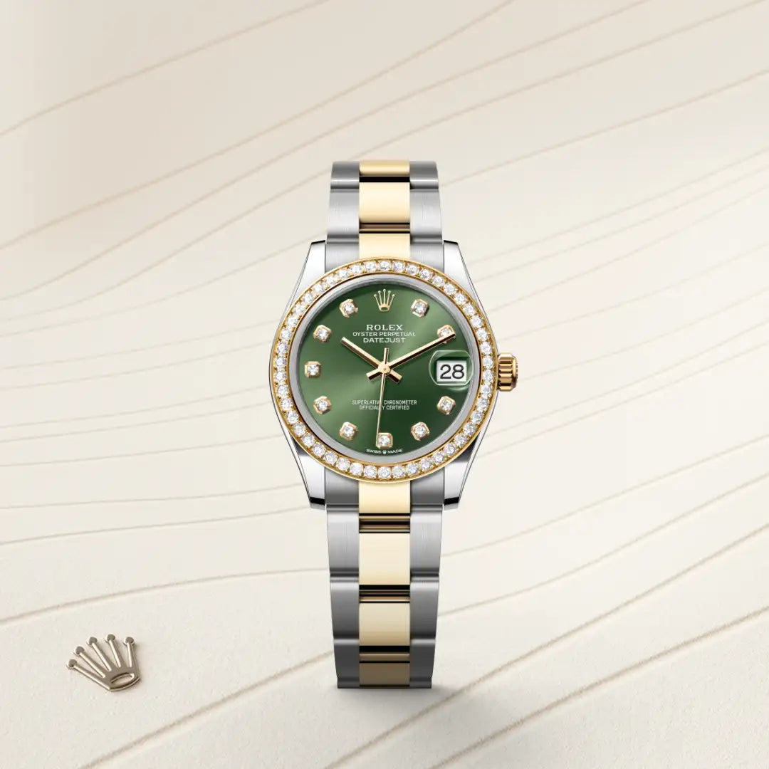 Rolex Datejust 31 in Yellow Rolesor - combination of Oystersteel and yellow gold with a Olive green set with diamonds dial, Diamond-set bezel, Oyster, three-piece solid links bracelet