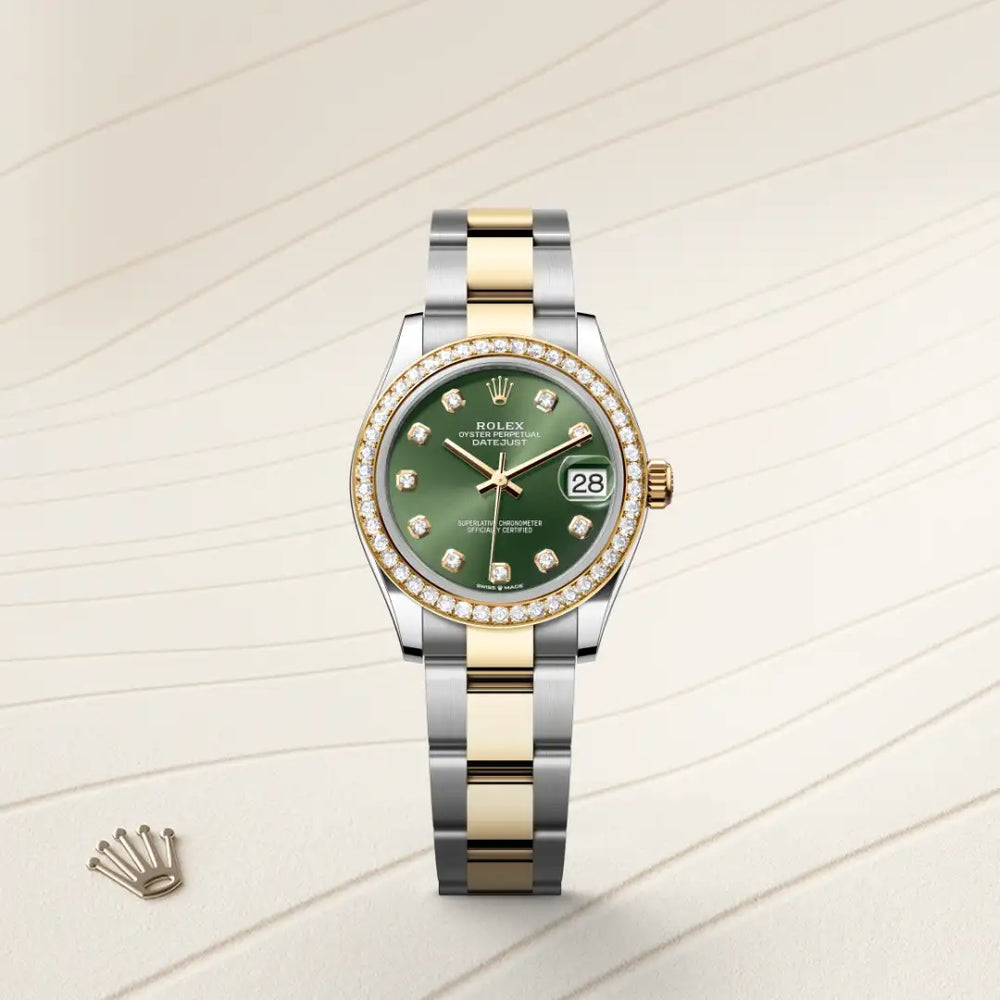 Rolex Datejust 31 in Yellow Rolesor - combination of Oystersteel and yellow gold with a Olive green set with diamonds dial, Diamond-set bezel, Oyster, three-piece solid links bracelet