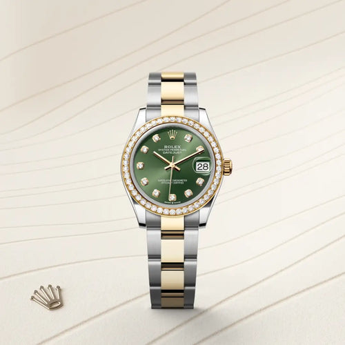 Rolex Datejust 31 in Yellow Rolesor - combination of Oystersteel and yellow gold with a Olive green set with diamonds dial, Diamond-set bezel, Oyster, three-piece solid links bracelet