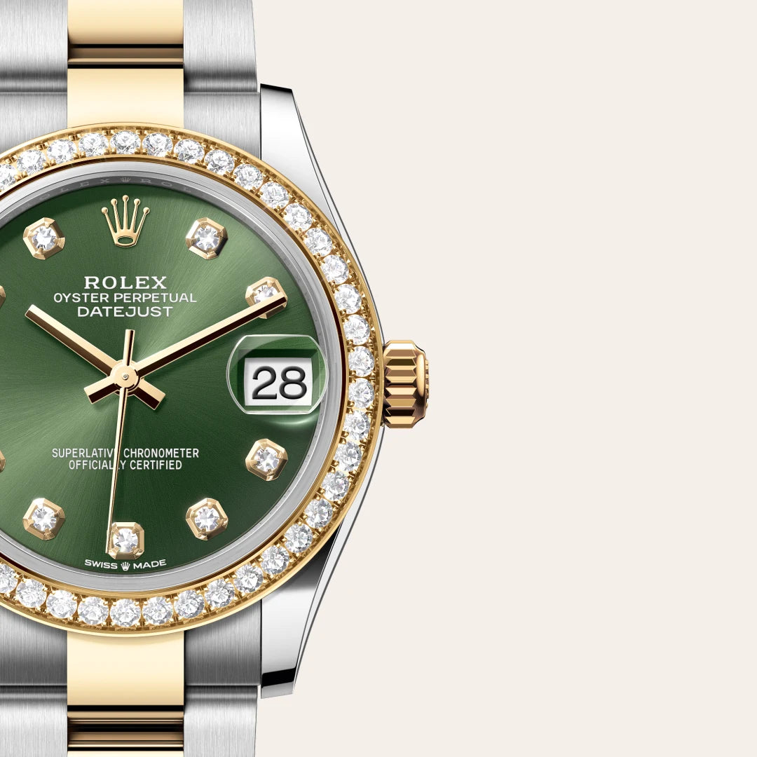Rolex Datejust 31 in Yellow Rolesor - combination of Oystersteel and yellow gold with a Olive green set with diamonds dial, Diamond-set bezel, Oyster, three-piece solid links bracelet