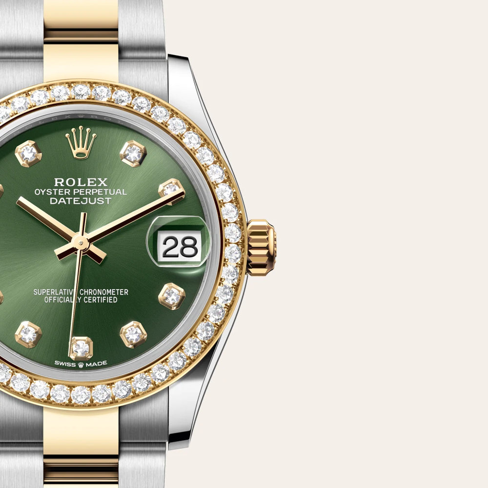 Rolex Datejust 31 in Yellow Rolesor - combination of Oystersteel and yellow gold with a Olive green set with diamonds dial, Diamond-set bezel, Oyster, three-piece solid links bracelet