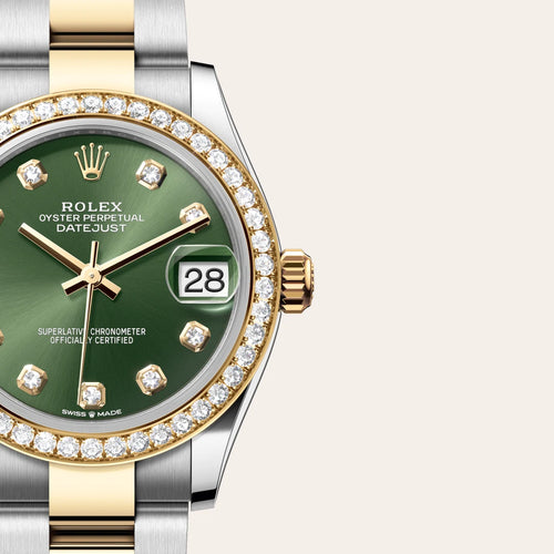 Rolex Datejust 31 in Yellow Rolesor - combination of Oystersteel and yellow gold with a Olive green set with diamonds dial, Diamond-set bezel, Oyster, three-piece solid links bracelet
