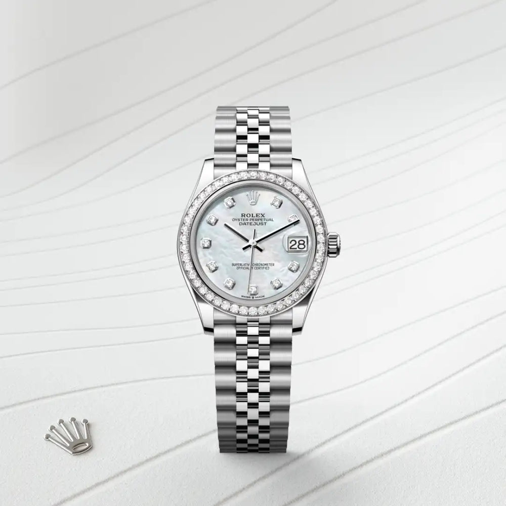 Rolex Datejust 31 in White Rolesor - combination of Oystersteel and white gold with a White mother-of-pearl set with diamonds dial, Diamond-set bezel, Jubilee, five-piece links bracelet