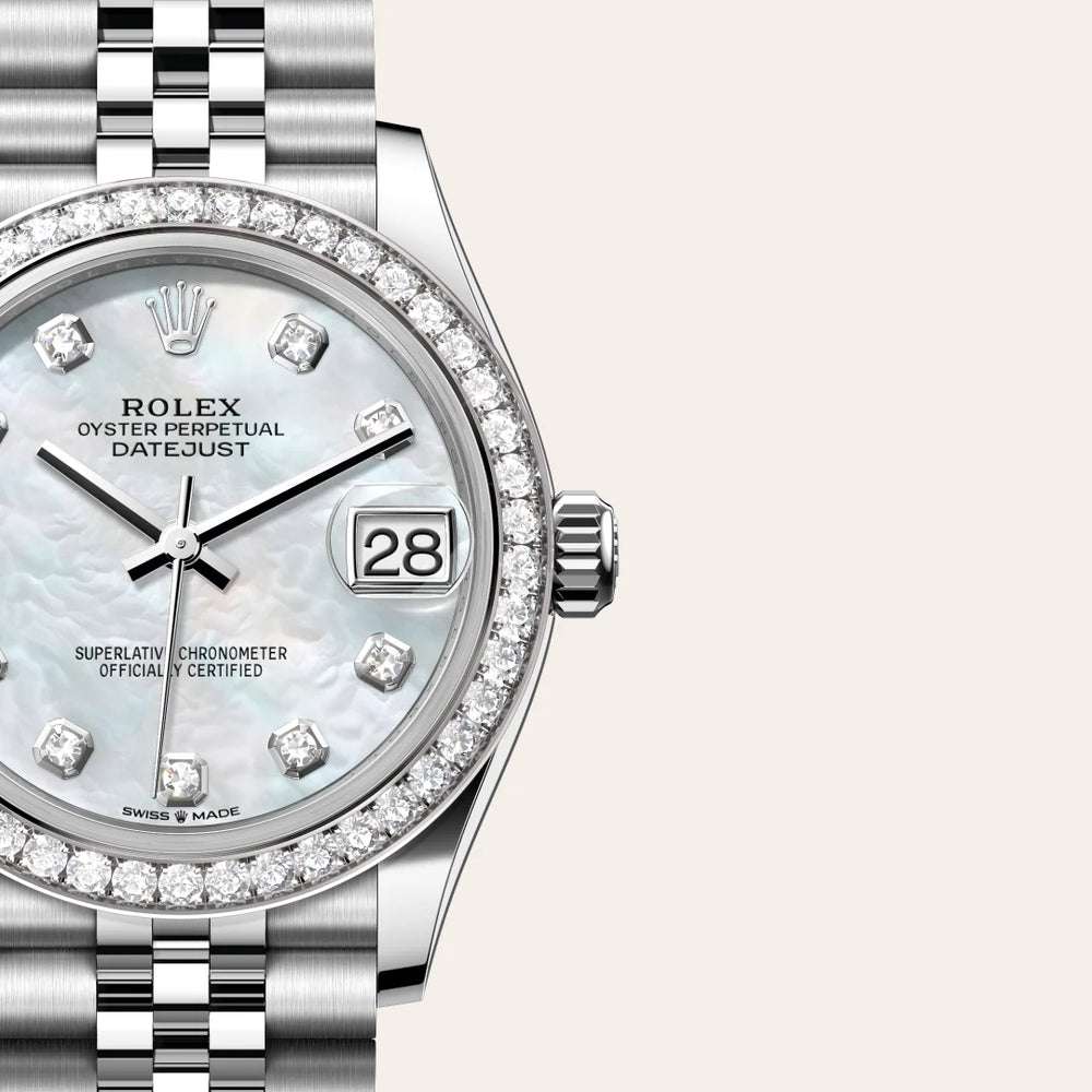 Rolex Datejust 31 in White Rolesor - combination of Oystersteel and white gold with a White mother-of-pearl set with diamonds dial, Diamond-set bezel, Jubilee, five-piece links bracelet