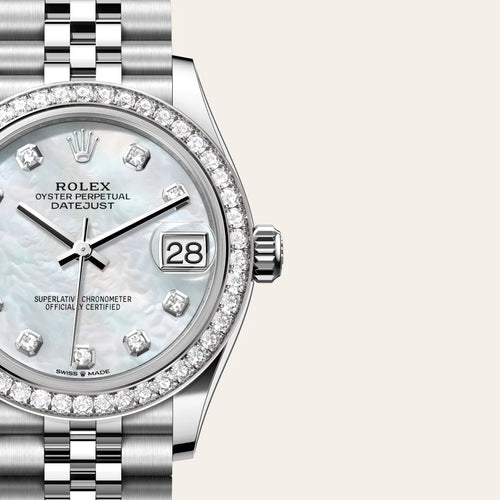 Rolex Datejust 31 in White Rolesor - combination of Oystersteel and white gold with a White mother-of-pearl set with diamonds dial, Diamond-set bezel, Jubilee, five-piece links bracelet