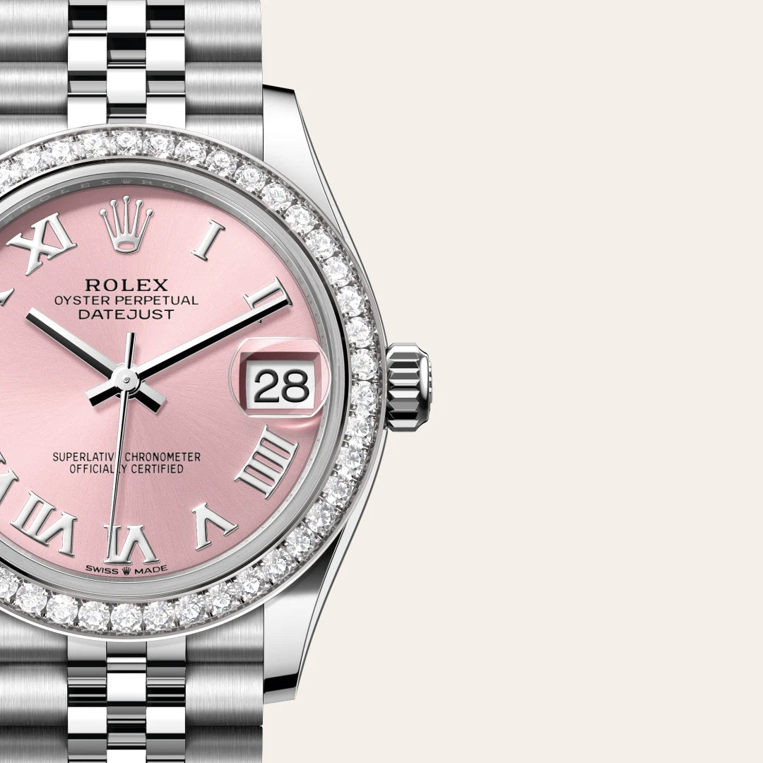Rolex Datejust 31 in White Rolesor - combination of Oystersteel and white gold with a Pink dial, Diamond-set bezel, Jubilee, five-piece links bracelet
