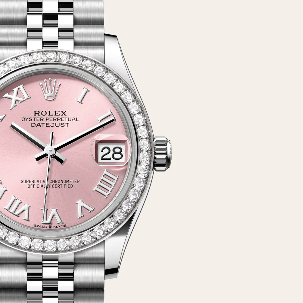 Rolex Datejust 31 in White Rolesor - combination of Oystersteel and white gold with a Pink dial, Diamond-set bezel, Jubilee, five-piece links bracelet