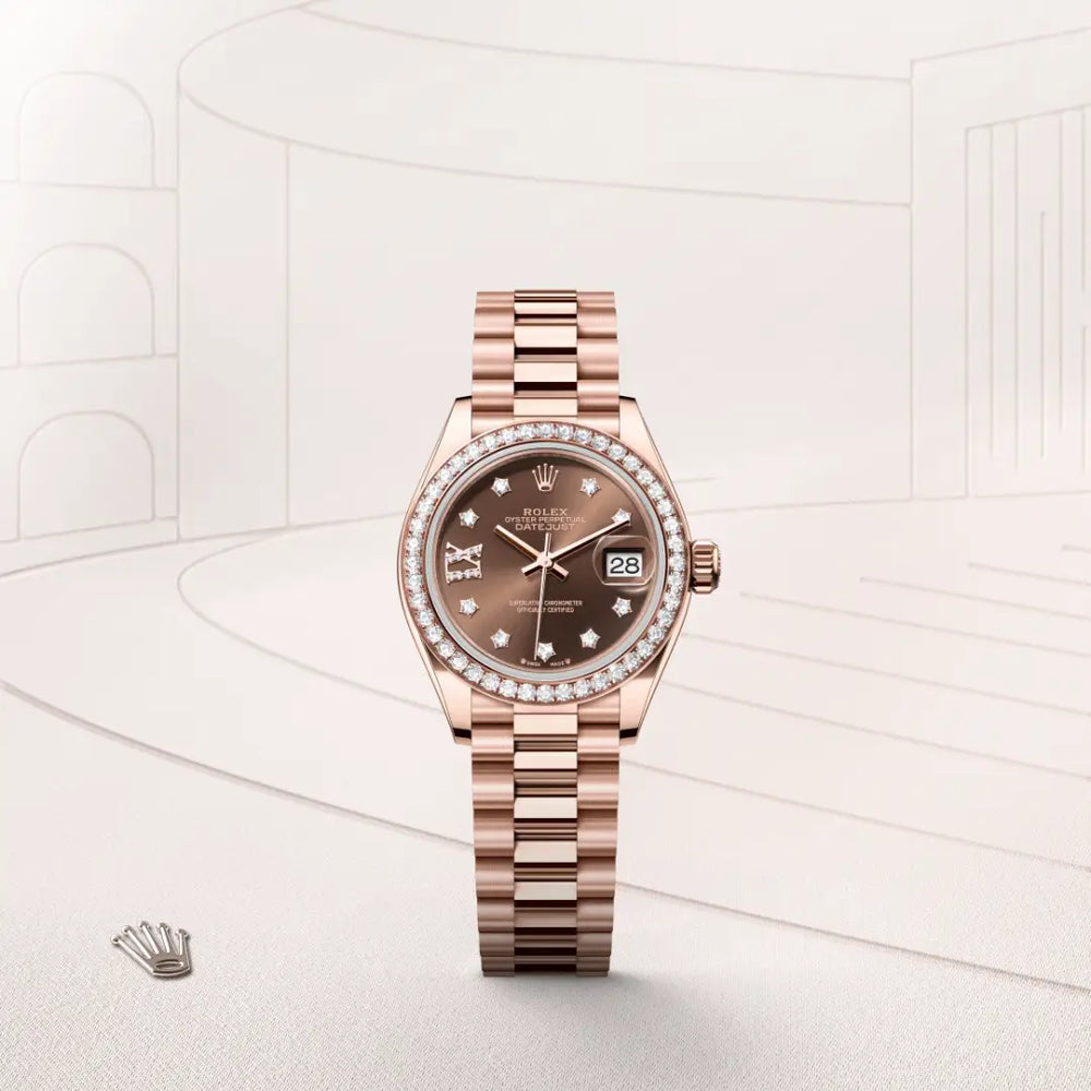 Rolex Lady-Datejust in 18 ct Everose gold with a Chocolate set with diamonds dial, Diamond-set bezel, President, semi-circular three-piece links bracelet