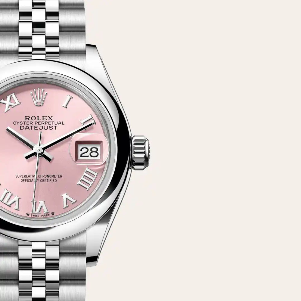 Rolex Lady-Datejust in Oystersteel with a Pink dial, Domed bezel, Jubilee, five-piece links bracelet