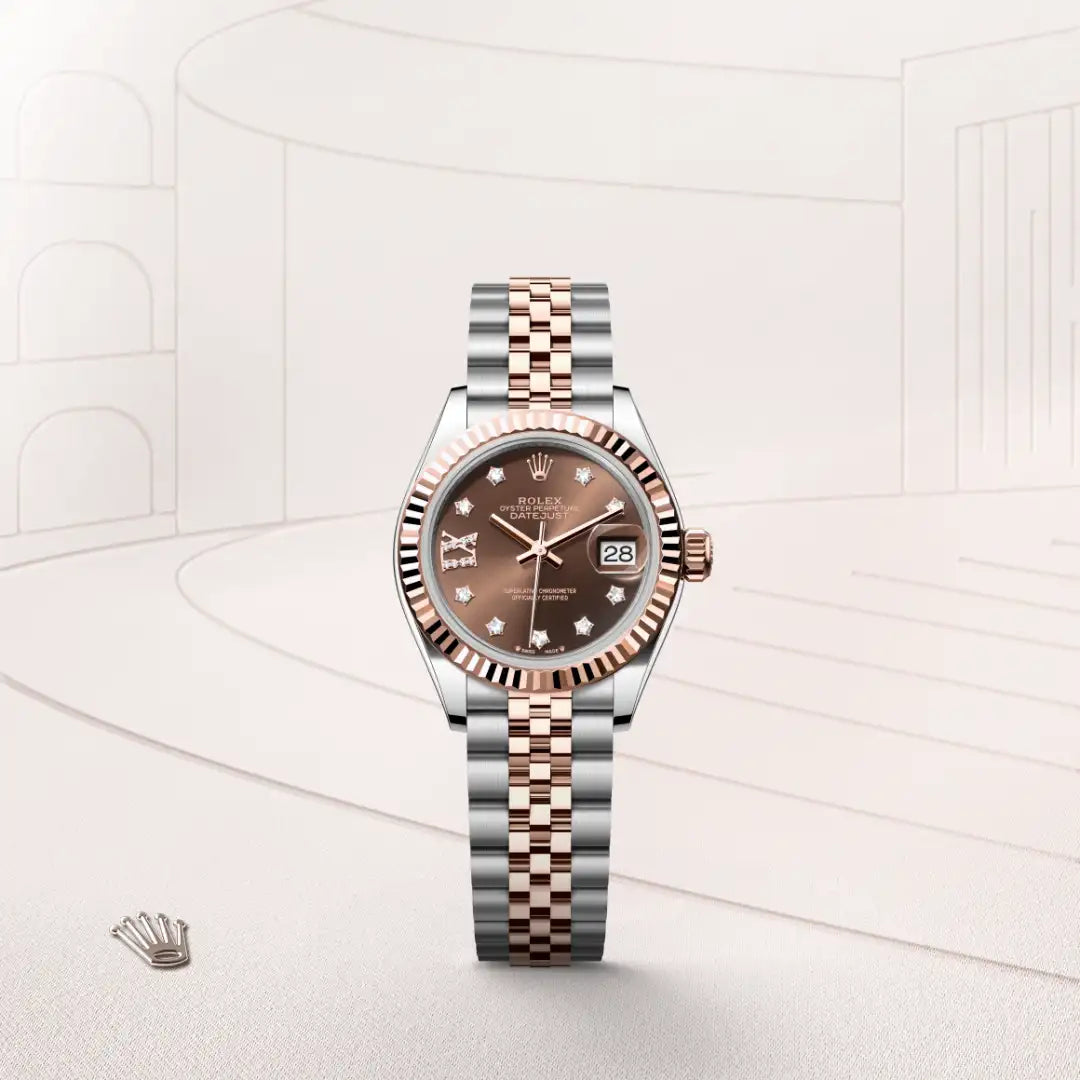 Rolex Lady-Datejust in Everose Rolesor - combination of Oystersteel and Everose gold with a Chocolate set with diamonds dial, Fluted bezel, Jubilee, five-piece links bracelet