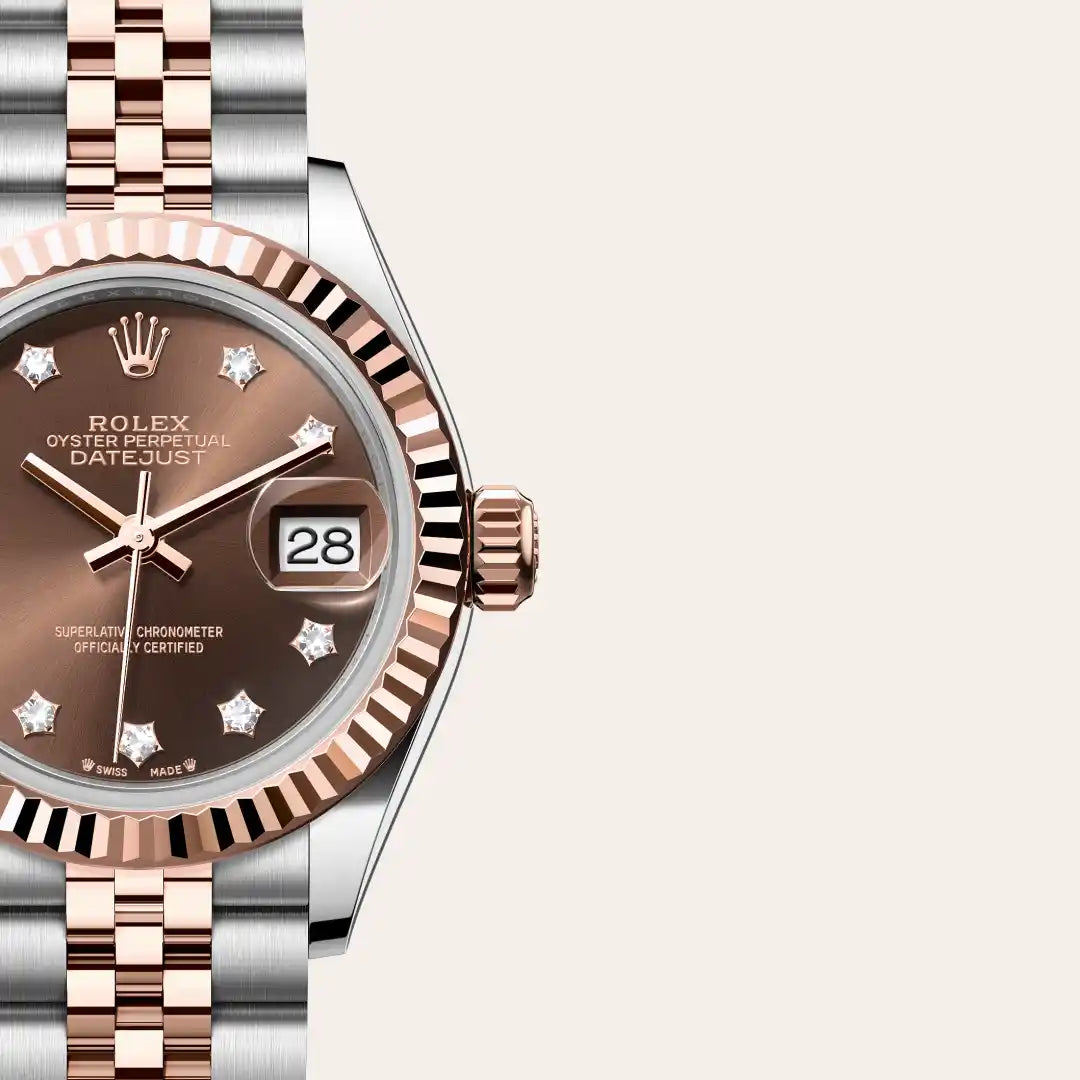 Rolex Lady-Datejust in Everose Rolesor - combination of Oystersteel and Everose gold with a Chocolate set with diamonds dial, Fluted bezel, Jubilee, five-piece links bracelet