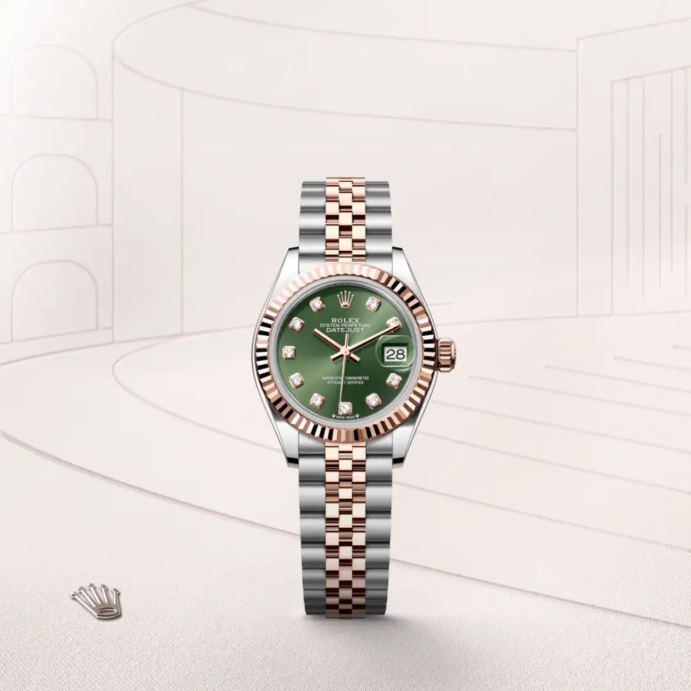 Rolex Lady-Datejust in Everose Rolesor - combination of Oystersteel and Everose gold with a Olive green set with diamonds dial, Fluted bezel, Jubilee, five-piece links bracelet