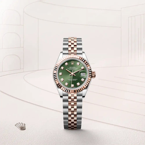 Rolex Lady-Datejust in Everose Rolesor - combination of Oystersteel and Everose gold with a Olive green set with diamonds dial, Fluted bezel, Jubilee, five-piece links bracelet