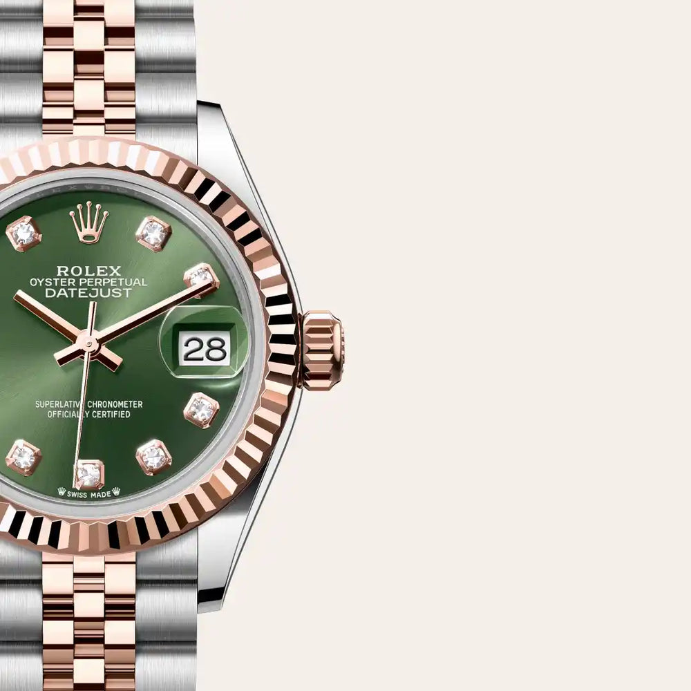 Rolex Lady-Datejust in Everose Rolesor - combination of Oystersteel and Everose gold with a Olive green set with diamonds dial, Fluted bezel, Jubilee, five-piece links bracelet
