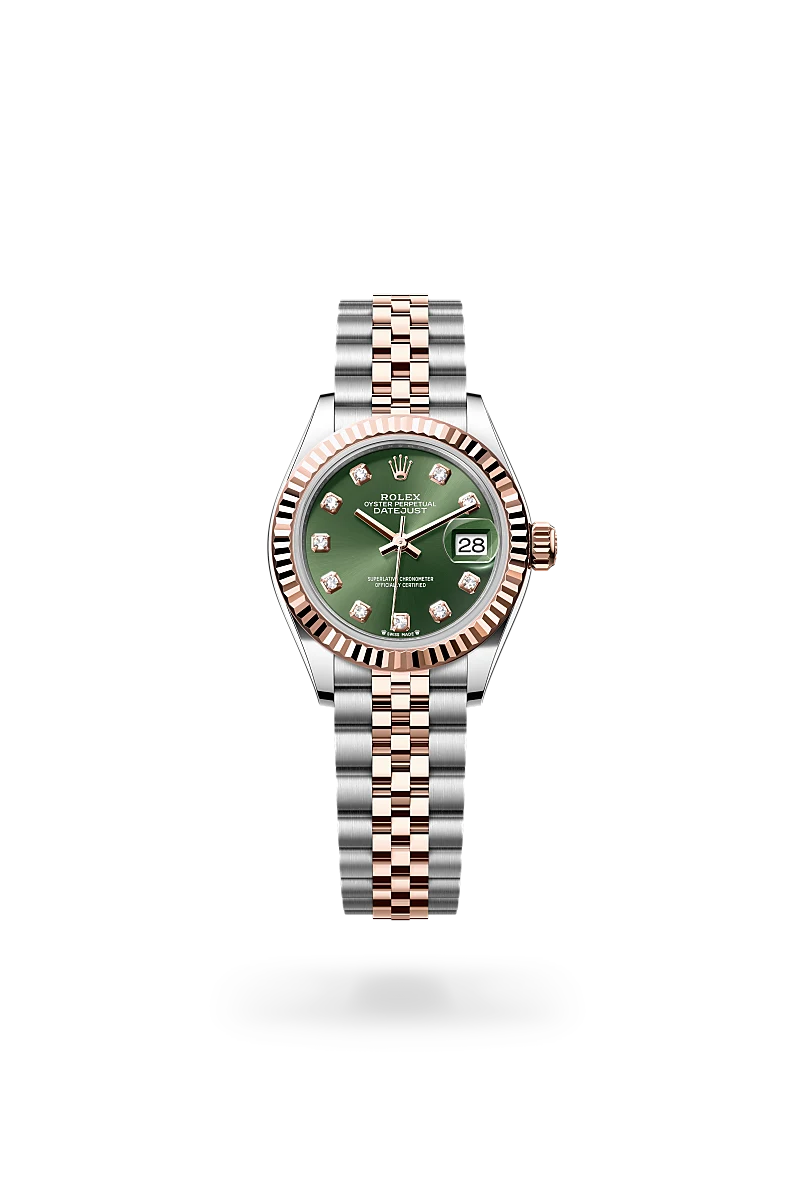 Rolex Lady-Datejust in Everose Rolesor - combination of Oystersteel and Everose gold with a Olive green set with diamonds dial, Fluted bezel, Jubilee, five-piece links bracelet