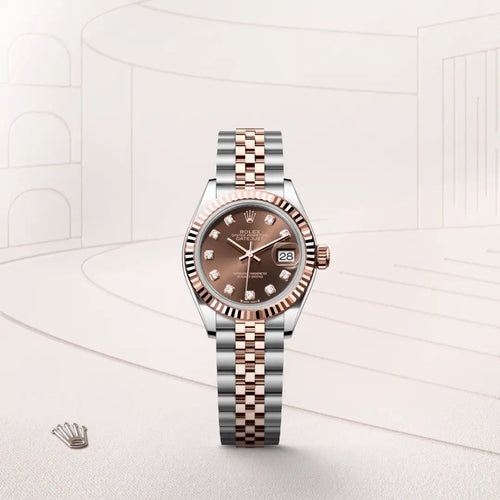Rolex Lady-Datejust in Everose Rolesor - combination of Oystersteel and Everose gold with a Chocolate set with diamonds dial, Fluted bezel, Jubilee, five-piece links bracelet