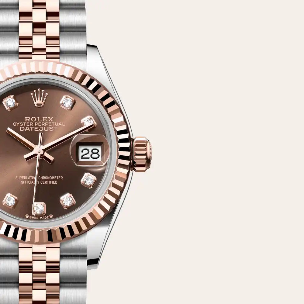 Rolex Lady-Datejust in Everose Rolesor - combination of Oystersteel and Everose gold with a Chocolate set with diamonds dial, Fluted bezel, Jubilee, five-piece links bracelet