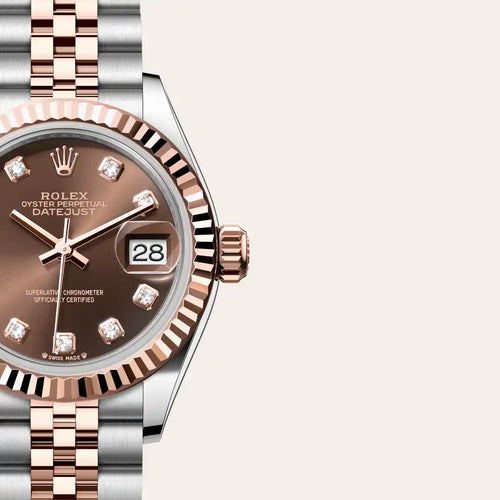Rolex Lady-Datejust in Everose Rolesor - combination of Oystersteel and Everose gold with a Chocolate set with diamonds dial, Fluted bezel, Jubilee, five-piece links bracelet