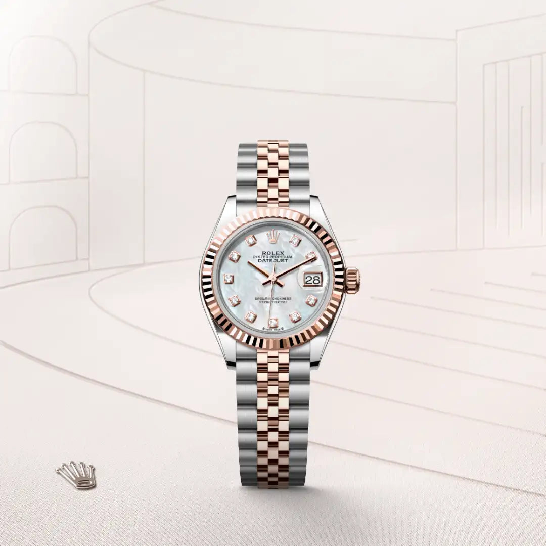 Rolex Lady-Datejust in Everose Rolesor - combination of Oystersteel and Everose gold with a White mother-of-pearl set with diamonds dial, Fluted bezel, Jubilee, five-piece links bracelet