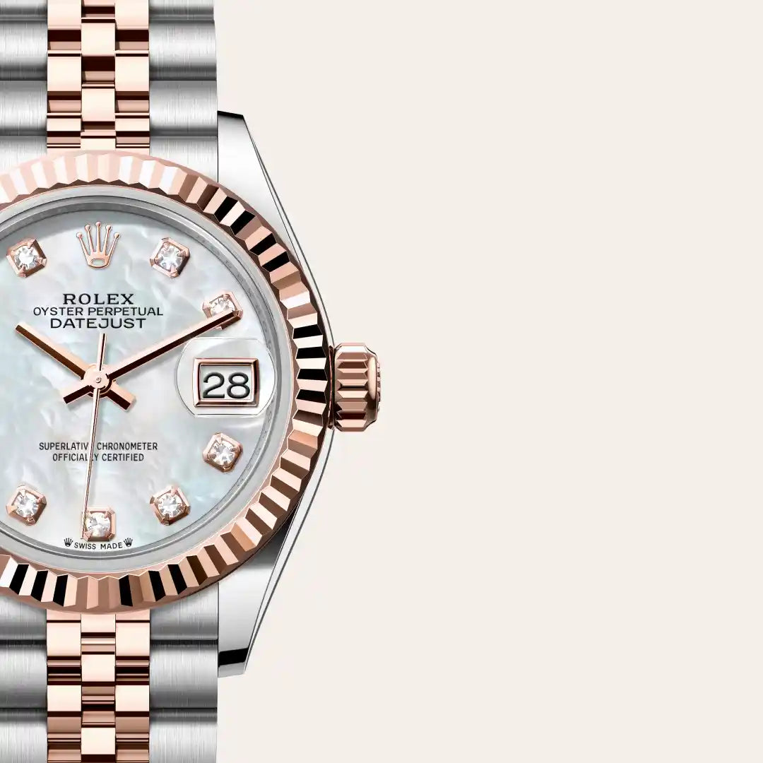 Rolex Lady-Datejust in Everose Rolesor - combination of Oystersteel and Everose gold with a White mother-of-pearl set with diamonds dial, Fluted bezel, Jubilee, five-piece links bracelet