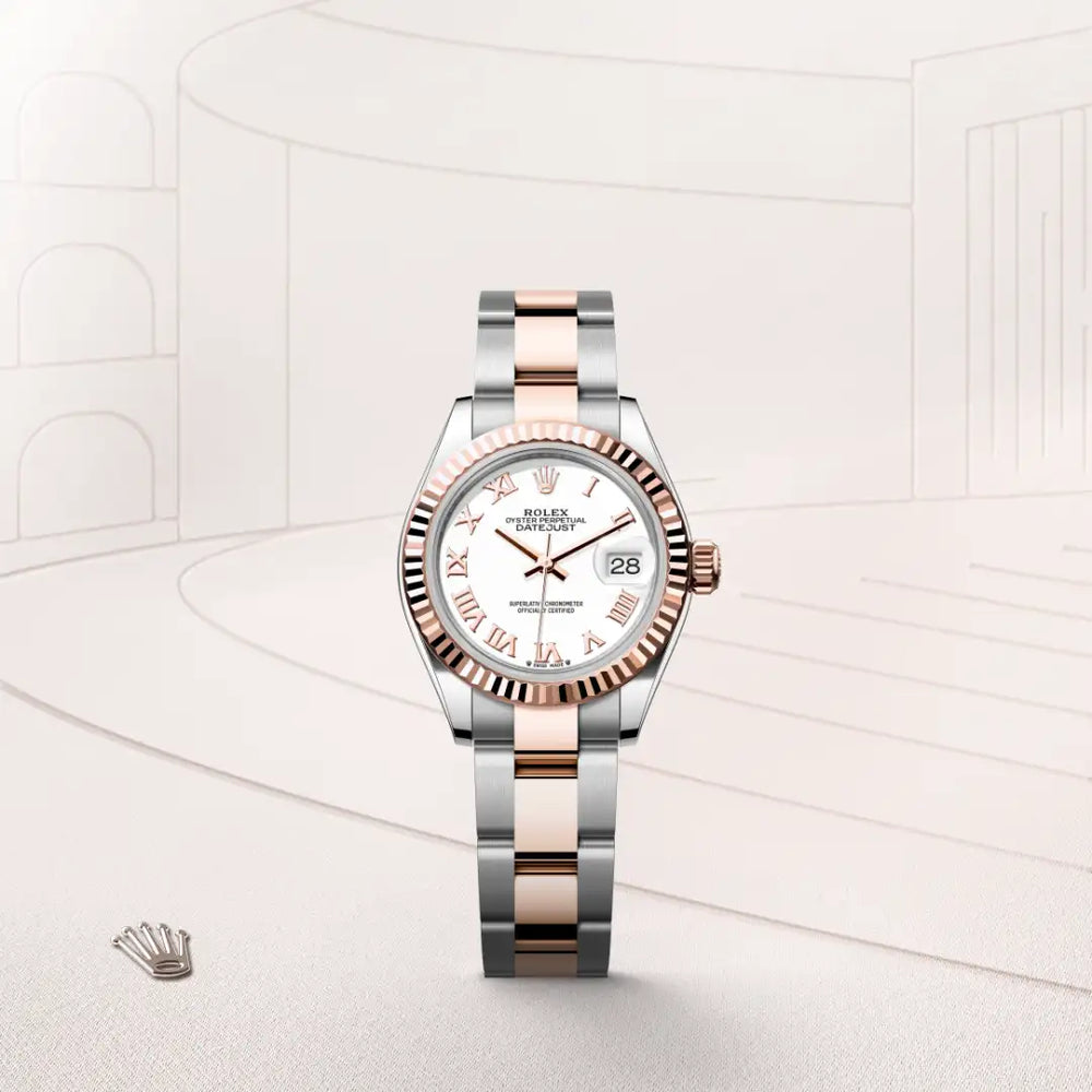Rolex Lady-Datejust in Everose Rolesor - combination of Oystersteel and Everose gold with a White dial, Fluted bezel, Oyster, three-piece solid links bracelet