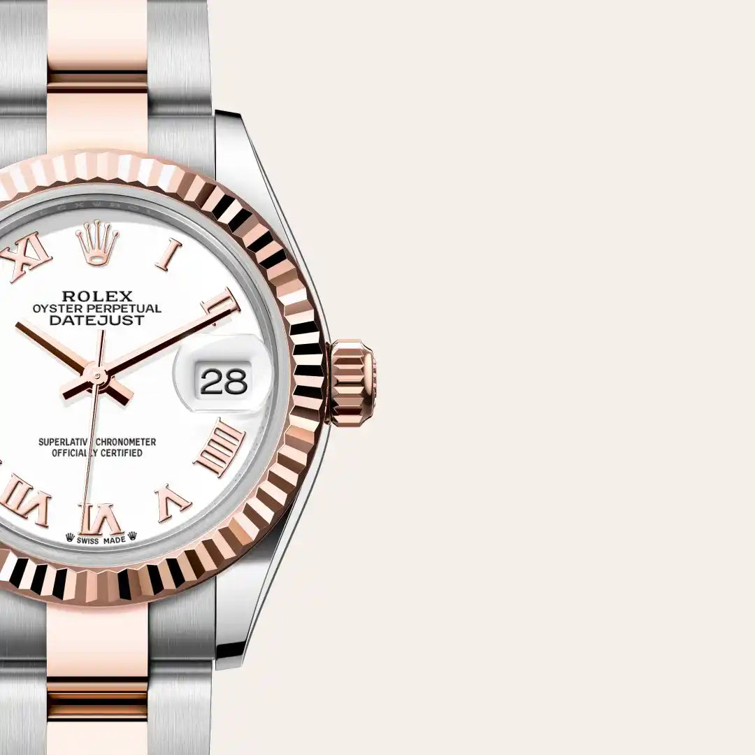 Rolex Lady-Datejust in Everose Rolesor - combination of Oystersteel and Everose gold with a White dial, Fluted bezel, Oyster, three-piece solid links bracelet