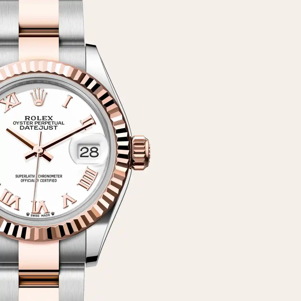 Rolex Lady-Datejust in Everose Rolesor - combination of Oystersteel and Everose gold with a White dial, Fluted bezel, Oyster, three-piece solid links bracelet