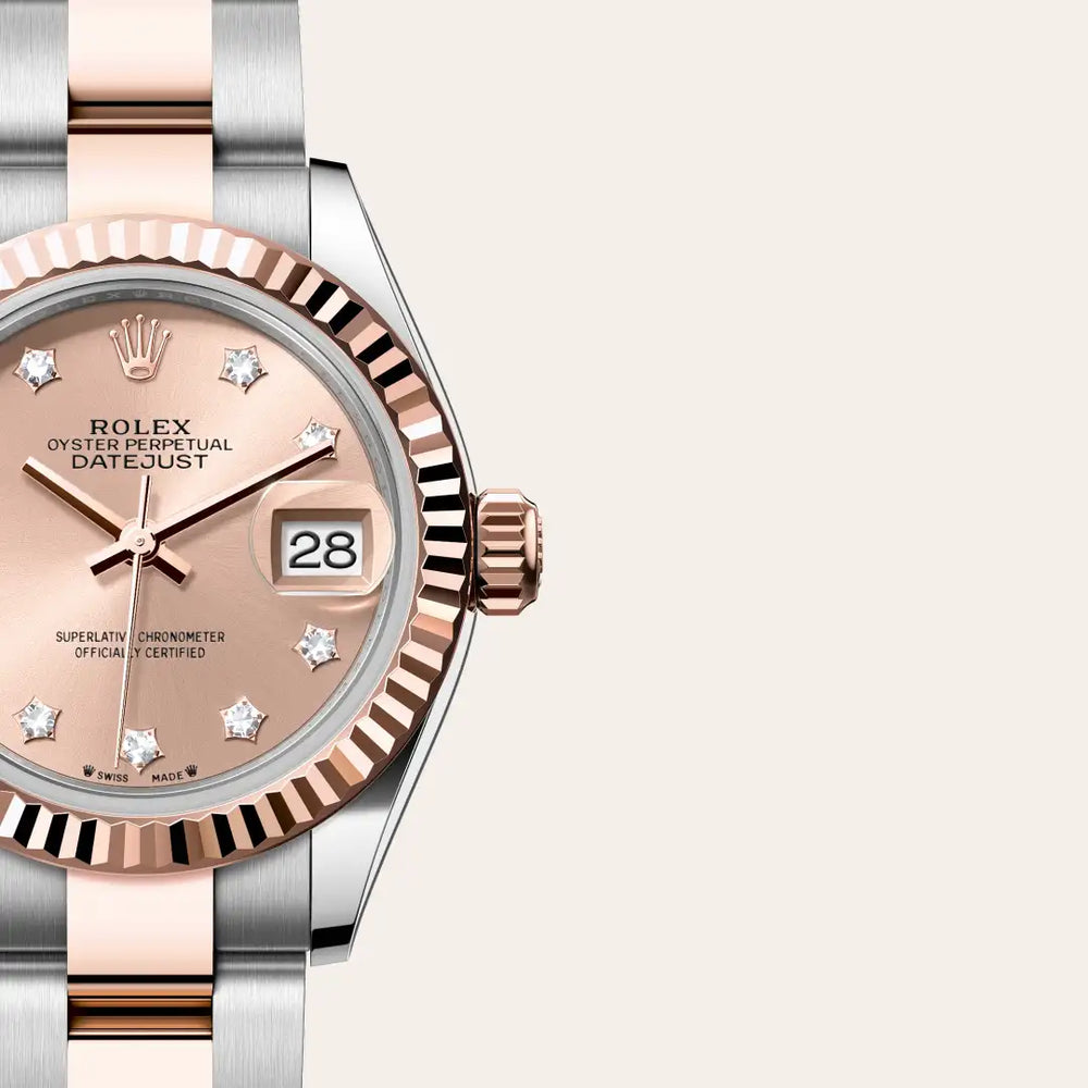 Rolex Lady-Datejust in Everose Rolesor - combination of Oystersteel and Everose gold with a Rosé-colour set with diamonds dial, Fluted bezel, Oyster, three-piece solid links bracelet