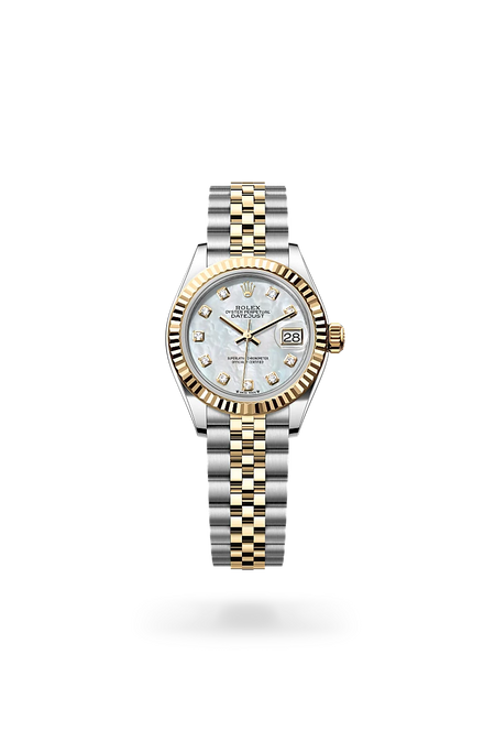 Rolex Lady-Datejust in Yellow Rolesor - combination of Oystersteel and yellow gold with a White mother-of-pearl set with diamonds dial, Fluted bezel, Jubilee, five-piece links bracelet