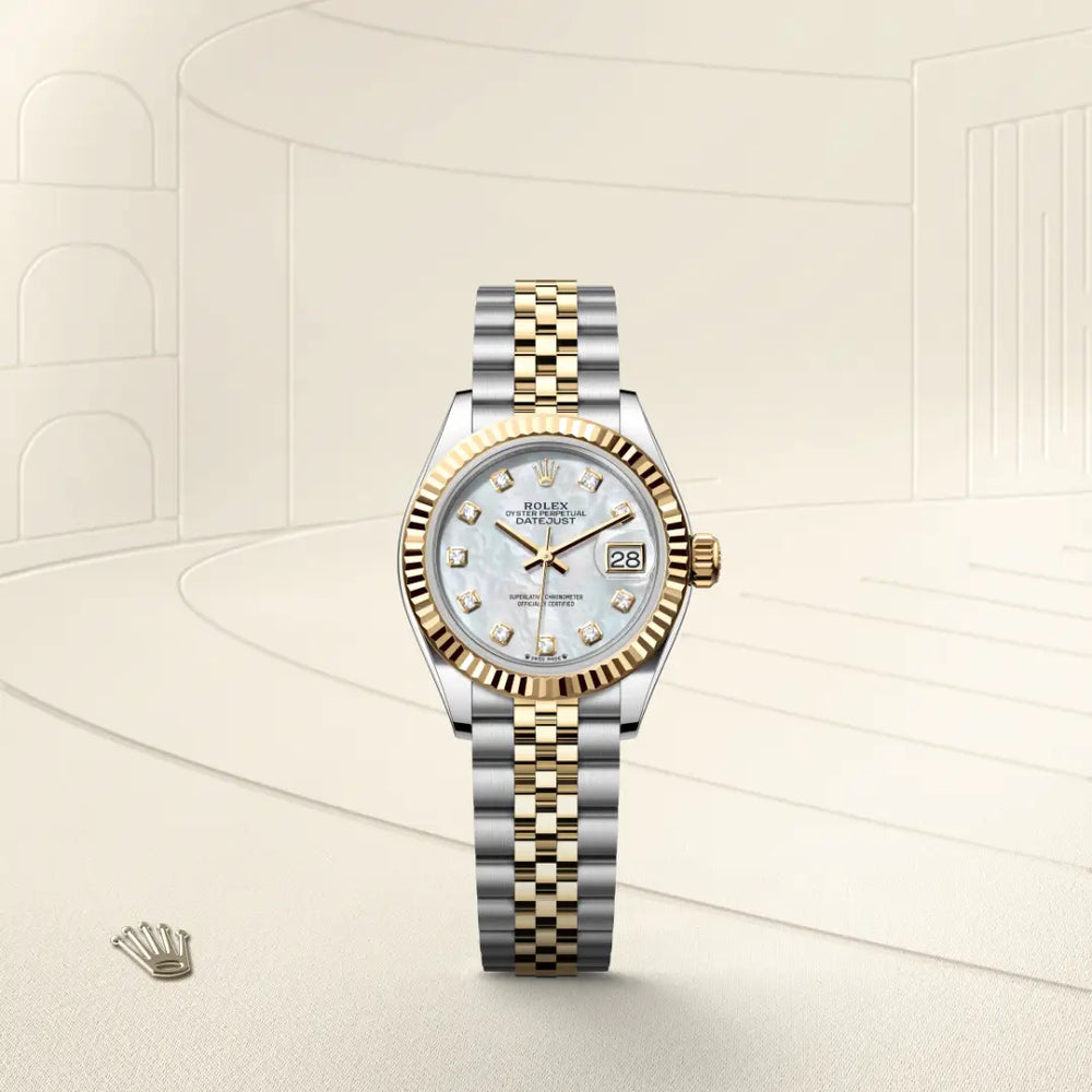 Rolex Lady-Datejust in Yellow Rolesor - combination of Oystersteel and yellow gold with a White mother-of-pearl set with diamonds dial, Fluted bezel, Jubilee, five-piece links bracelet
